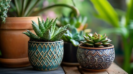 Poster - Assorted succulents in decorative pots.