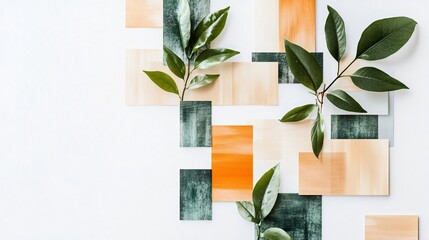 Wall Mural - Abstract composition of natural elements and textures. Green leaves on wooden and orange paper. Minimalist art, modern design.