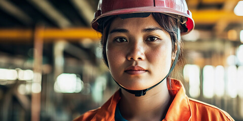 Poster - Young woman in safety helmet at construction site