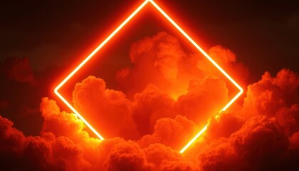 Poster - Neon orange, yellow light illuminates diamond shaped fluorescent frame set against dark backdrop of dense clouds. Futuristic design bright colors, glowing effects in dark interior space. Dynamic