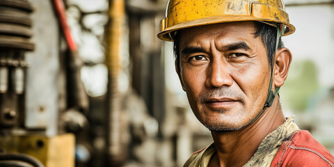 Poster - Portrait of a worker in yellow hard hat at construction site