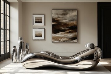 Wall Mural - Modern metallic lounger in minimalist living room with abstract art