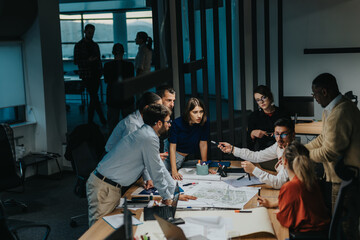 Wall Mural - Business colleagues engage in brainstorming around a table. Multigenerational employees collaborate on a project, highlighting teamwork, innovative thinking, and creativity in a modern office.