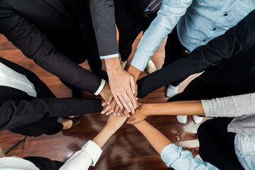 Wall Mural - Multiracial business people make synergy hand stack together in meeting room as cooperation or team building for corporate employee in workplace. Meticulous