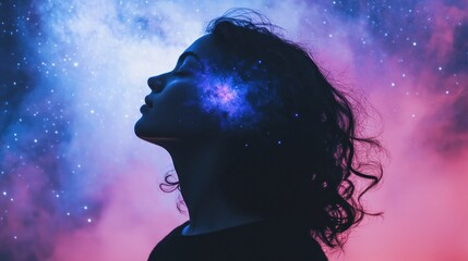Wall Mural - Woman's profile silhouetted against a vibrant nebula, cosmic energy emanating from her head.