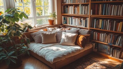 Wall Mural - Cozy reading nook with window, bookshelves, and comfy cushions.