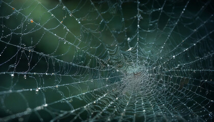Abstract spider web covered dew drops on a dark background, close-up