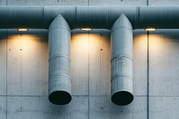 Twin industrial pipes lit by ambient glow emerge from concrete, capturing an essence of urban architecture with their structured simplicity.