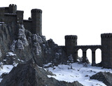 3D rendered winter fantasy medieval castle ruins isolated on transparent background