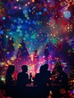 © AI Photo Stock - Festive Holiday Gathering - Silhouetted figures celebrate at a table, surrounded by twinkling lights and festive trees, symbolizing joy, togetherness, celebration, warmth, and memories.