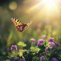 Poster - Butterfly gracefully flying above blooming purple flowers during golden hour sunlight