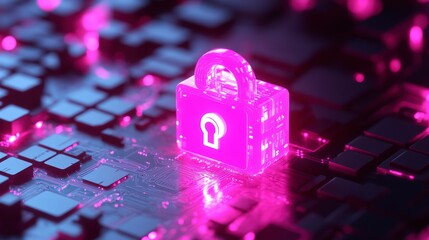 Poster - A glowing pink padlock rests on a circuit board.  Neon lights illuminate the scene.  Digital security is implied. The padlock is transparent showing internal detail.