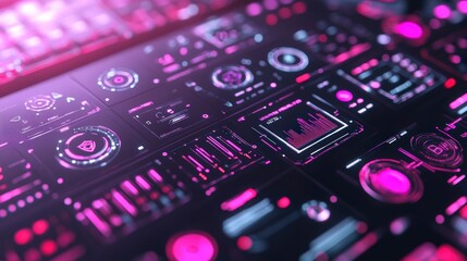 Poster - Pink neon futuristic interface digital dashboard glowing vibrant technology screen displays various data metrics and security system elements
