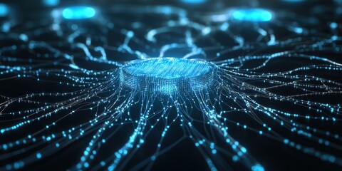 Poster - Glowing blue connections radiate from a central hub, creating a digital network. The dark background enhances the vibrant glow of the data strands. Generative AI