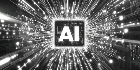 Fototapete - Bright lights radiate from a central block labeled AI, representing the energy and innovation within the field of artificial intelligence technology today. Generative AI