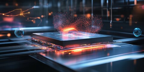 Fototapete - A microprocessor is depicted at the center, glowing with vibrant energy as intricate particle movements surround it, highlighting advanced technology. Generative AI
