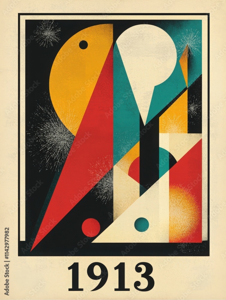 This artwork showcases a variety of geometric shapes in bold colors, including red, yellow, and blue, alongside a dark background, creating a striking composition reminiscent of 1913.