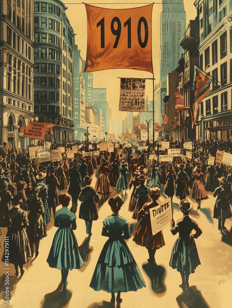 In 1910, women fill the streets of New York City, marching for their rights.