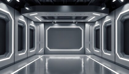 Poster - Empty futuristic studio set. Modern tech design studio interior. Grey walls with paneling, glowing lights. Blank space suitable for product presentation broadcast. Clean, sleek minimalist style. Pro