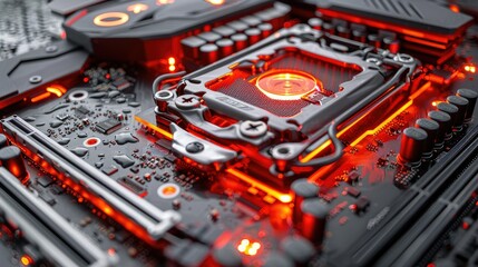 Poster - A close-up view of a computer motherboard with glowing red components, showcasing technology.