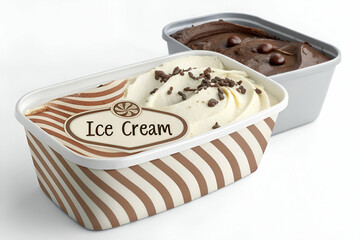 Wall Mural - Two containers of ice cream: one vanilla with chocolate sprinkles and another chocolate with chocolate chips, presented in striped packaging.