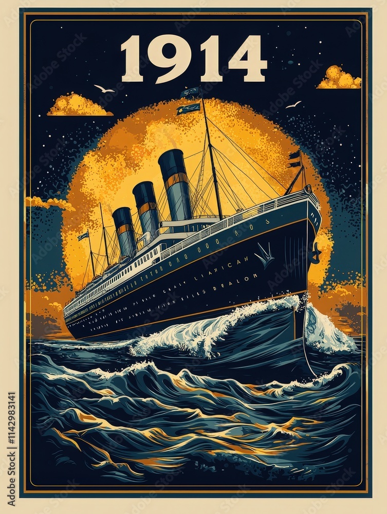 A grand ship navigates tumultuous ocean waters with powerful waves crashing against its hull.