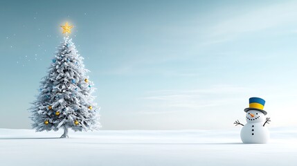 Wall Mural - Stunning holiday landscape on a bright sunny winter day, showcasing a tall Christmas tree decorated with intricate blue and yellow Ukrainian ornaments and a glowing star. To the right, a cheerful 