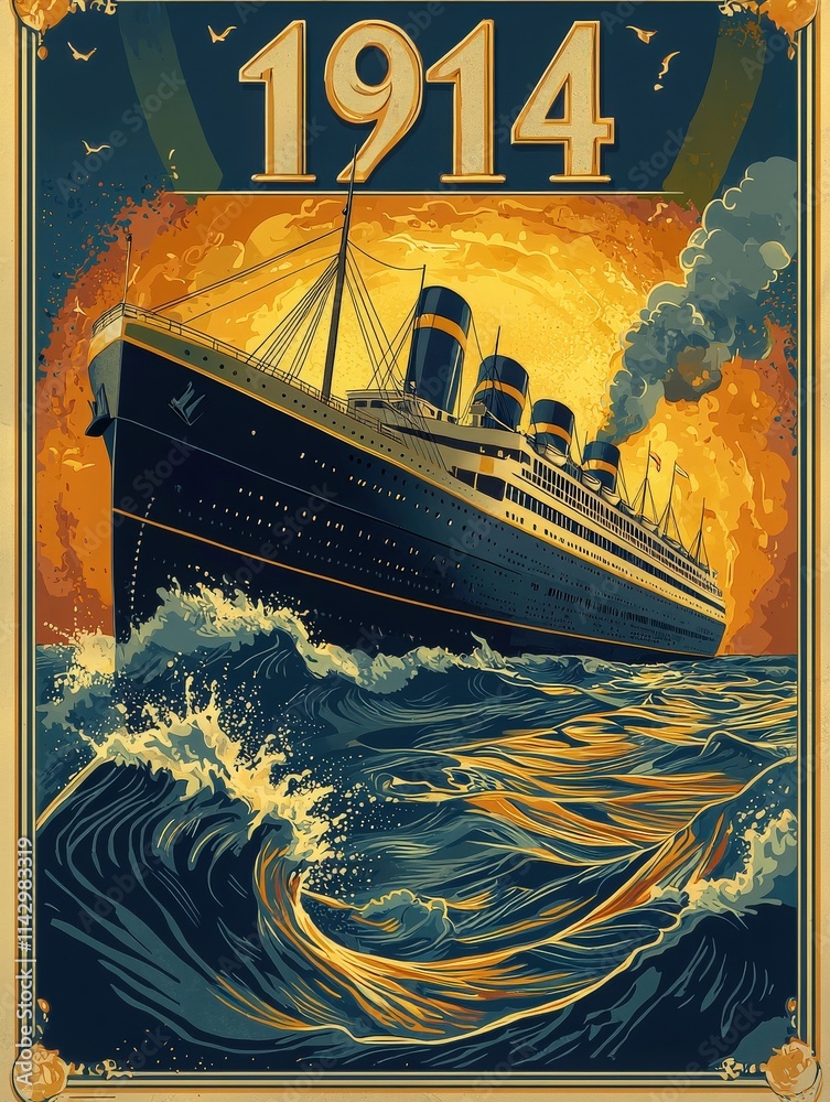 A richly colored depiction of a grand ocean liner navigating vibrant sea waves, set against a striking sunset background.