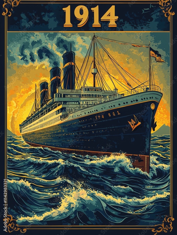 A large ocean liner with multiple smokestacks navigates powerful waves as a striking sunset illuminates the sky.