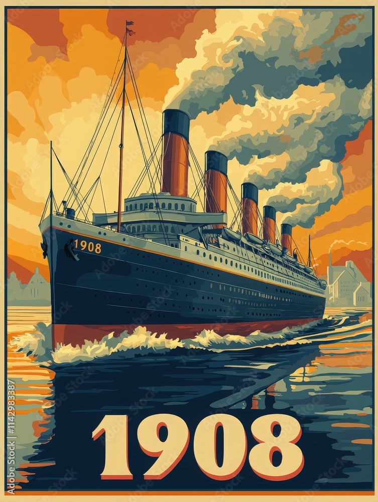 A majestic ocean liner with four towering smokestacks glides across the water during a colorful sunset.