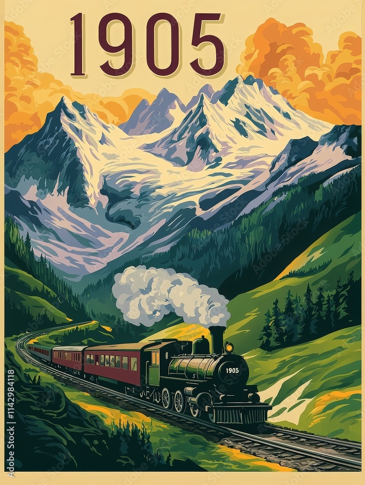 A classic steam locomotive pulls a red passenger car, winding through lush green valleys and majestic mountains.