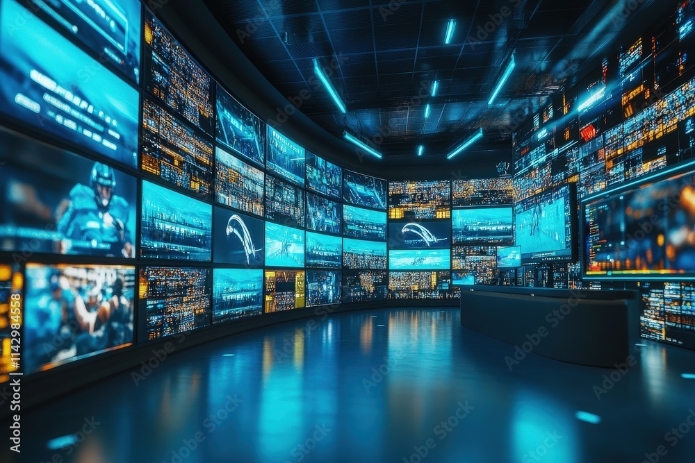 A high-tech control room features multiple large screens showcasing live sports highlights and detailed data analytics. The vibrant blue lighting enhances the futuristic atmosphere.