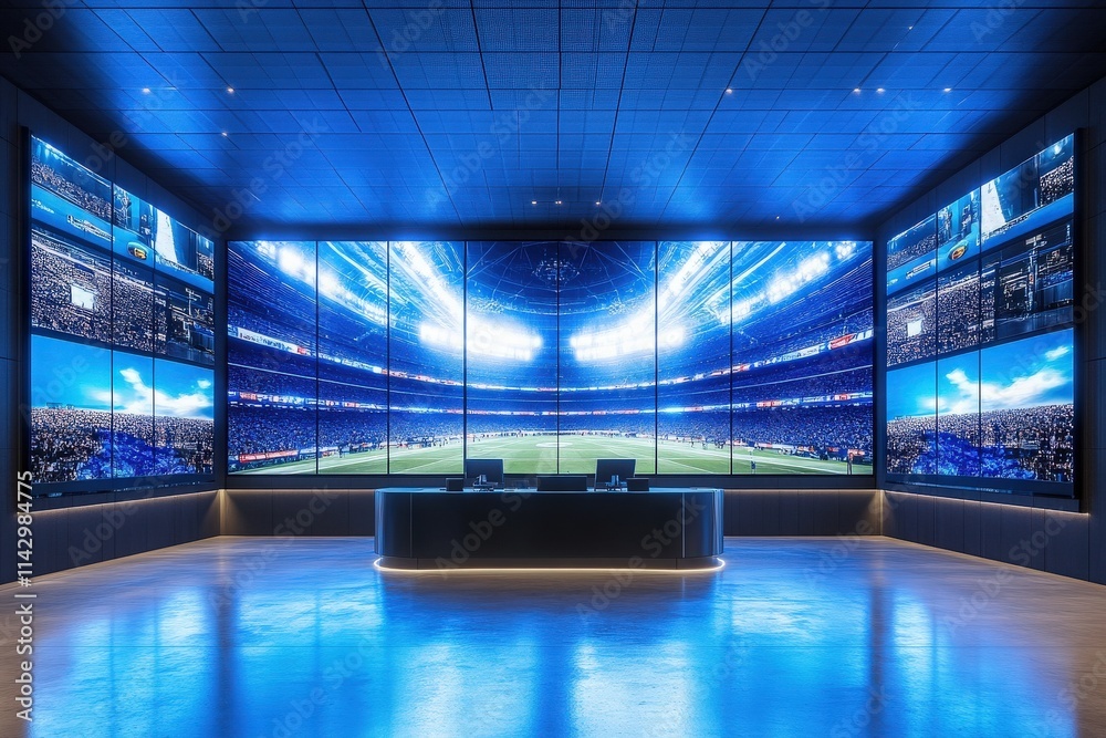A high-tech sports control room contains multiple large screens showcasing a vibrant stadium filled with fans during a live match. The atmosphere is dynamic and engaging.