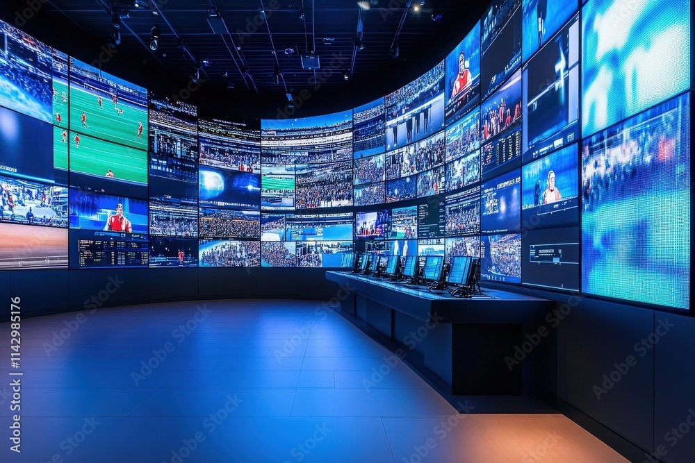 The control room is filled with large screens showcasing different live sports events and data. Several workstations with computers are lined up in front of the display, indicating active monitoring.