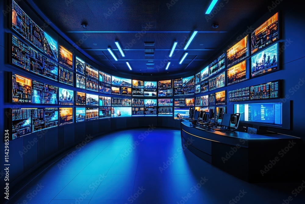 In a high-tech control room, numerous screens showcase data analytics and visualizations. The dimly lit environment features modern workstations, indicating advanced technological operations.