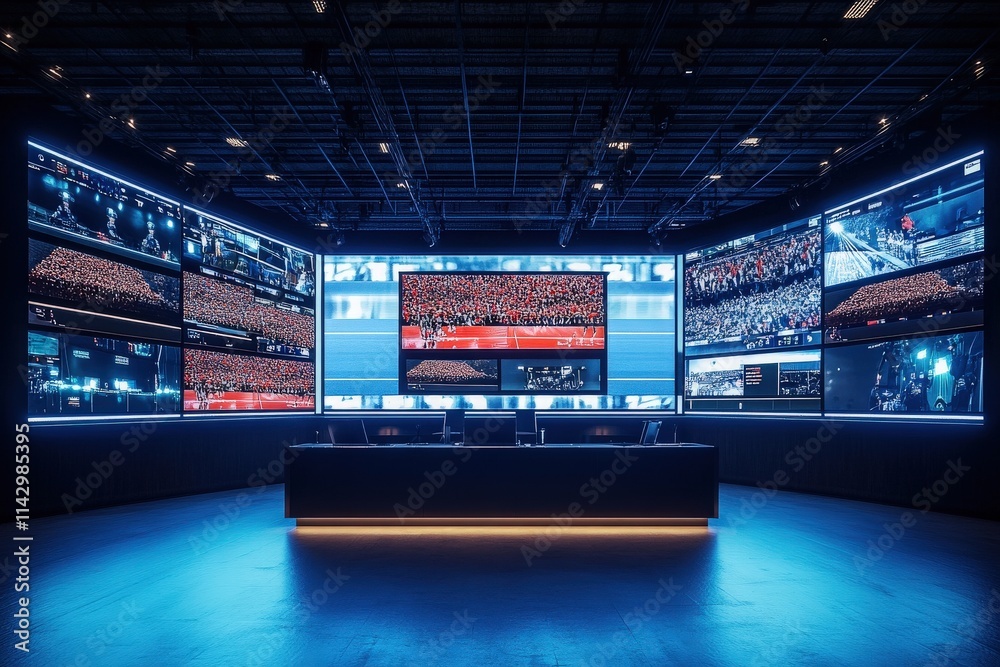 In a cutting-edge control room, a series of monitors showcase live broadcasts of events, highlighting large crowds engaged in various activities. The high-tech setup emphasizes real-time monitoring.