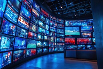 a modern media room features an array of large screens showcasing various sports events and news bro