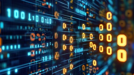 Abstract digital data stream with binary code, glowing orange and blue numbers on dark background.