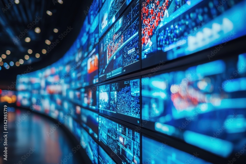 A wall of digital screens fills an expansive interior space, featuring dynamic visuals and vibrant colors. Attendees engage with the technology, immersed in the event atmosphere.