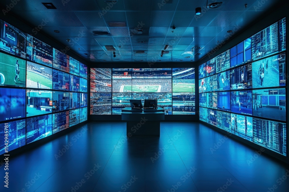 A sophisticated control room features an array of large screens showcasing live data, sports events, and analytics. The space is dimly lit, emphasizing the vibrant colors from the displays.