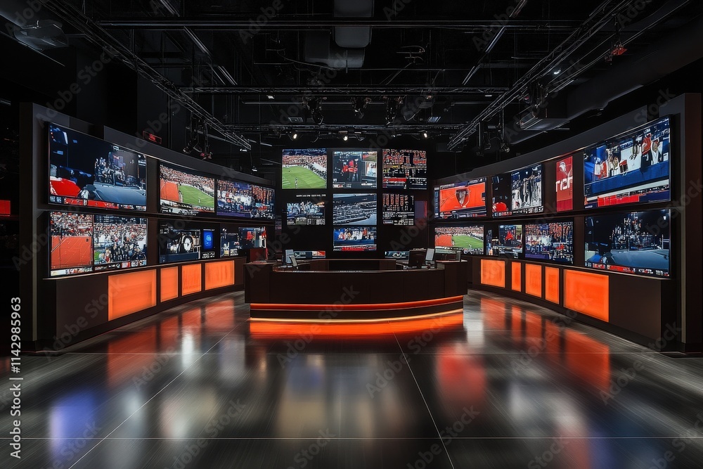 A vibrant broadcast studio features numerous large screens displaying various live sports events. The design is sleek, with soft lighting and high-tech equipment creating an engaging atmosphere.