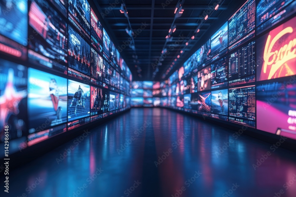 Rows of bright screens line a futuristic hallway, showcasing various images and data. The ambient lighting enhances the vibrant colors of the displays, creating a tech-savvy atmosphere.