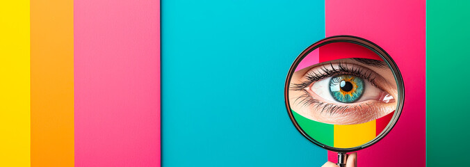 Poster - Close-up view of an eye looking through a magnifying glass against a colorful background of vibrant stripes