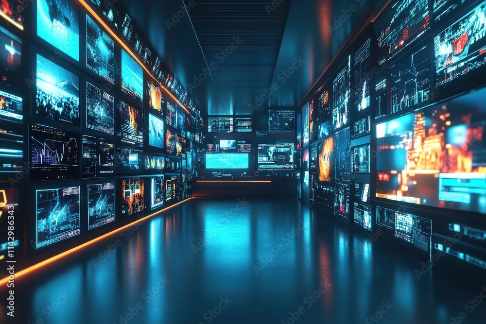 The control room features multiple digital screens displaying vibrant data visuals, charts, and graphics. The environment is sleek with a futuristic design illuminated by ambient lighting.
