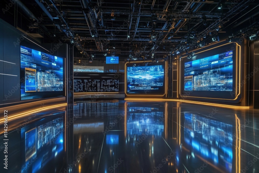 Inside a contemporary broadcast studio, large screens display city data and news. The space features a shiny floor and advanced lighting, creating a vibrant atmosphere for live programming.