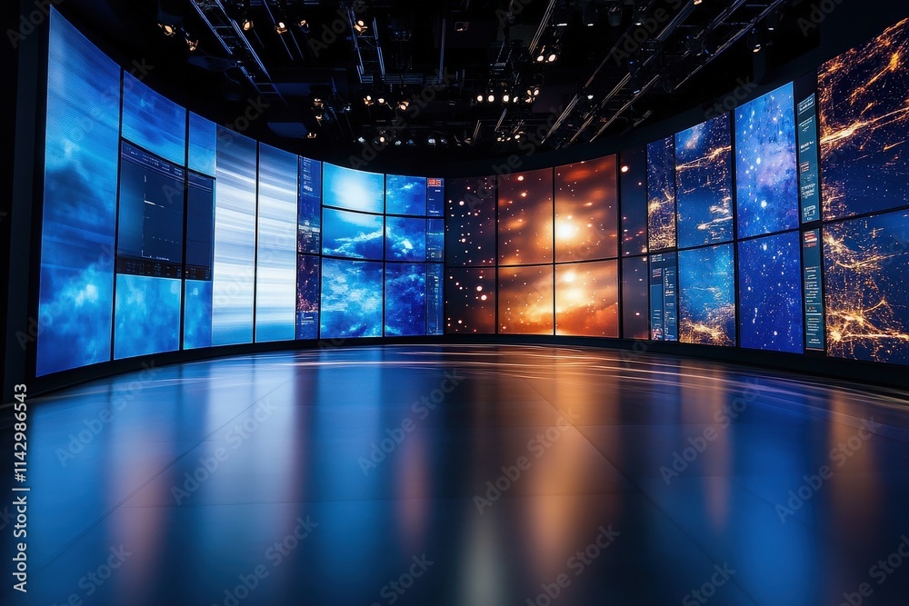 A sleek studio environment showcases an array of colorful screens displaying abstract visuals, illuminated by soft lighting, creating an immersive and dynamic atmosphere for creative projects.