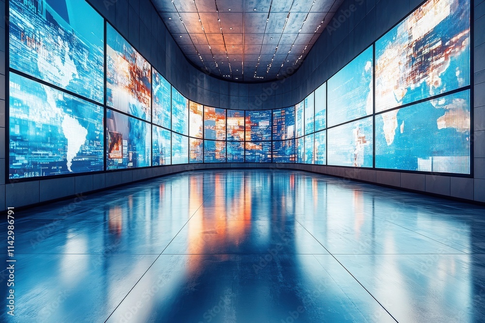 A spacious hall showcases large digital screens around the perimeter, featuring colorful maps and graphics. The well-lit area has a smooth reflective floor, enhancing the modern atmosphere.