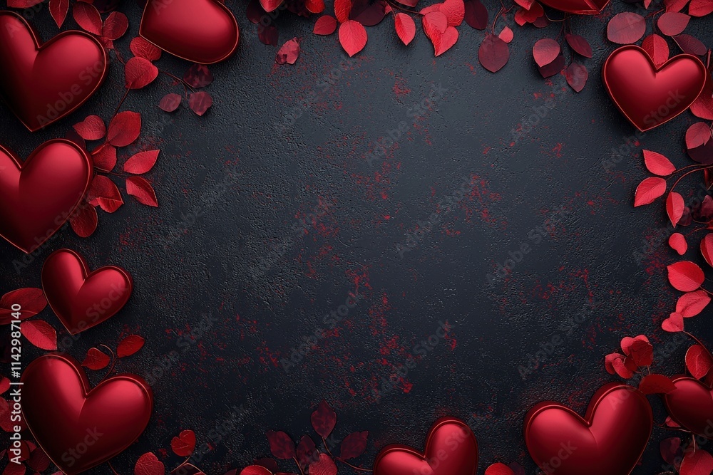 A collection of shiny red hearts surrounded by vibrant red leaves decorates a dark textured surface, creating an inviting and romantic atmosphere perfect for celebrations of love.