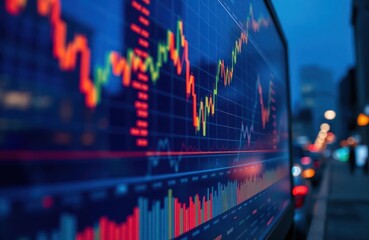 Poster - Large screen displays financial charts with colourful graphs, indicators. Night city blurred background shows urban setting. Data visualization of stock market performance. Dynamic financial