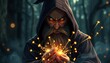 © Maryna - Powerful wizard conjures sparks in dark forest. Mysterious aura surrounds. Long beard, glowing eyes. Mystical scene. Fantasy magic. Ancient lore. Enchanting spell. Intriguing scene. Wizard holds